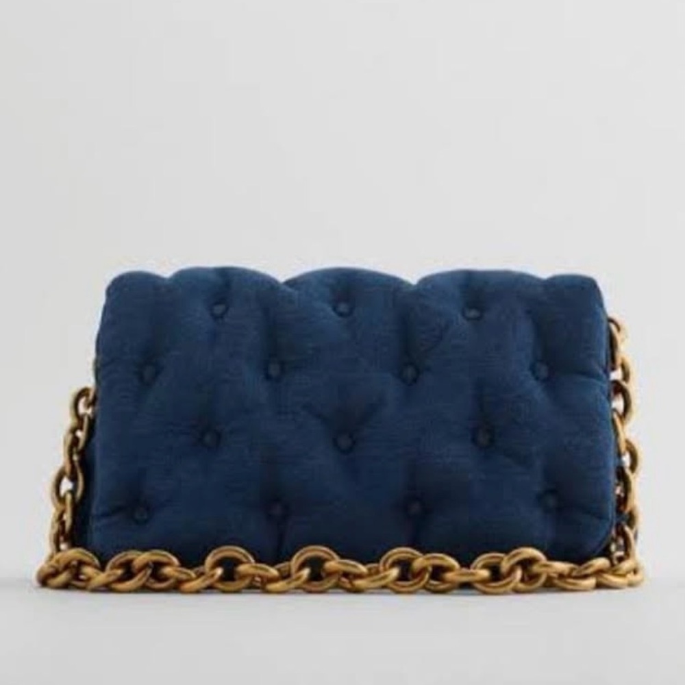 Zara Navy Quilted Shoulder Bag with Gold Chain
